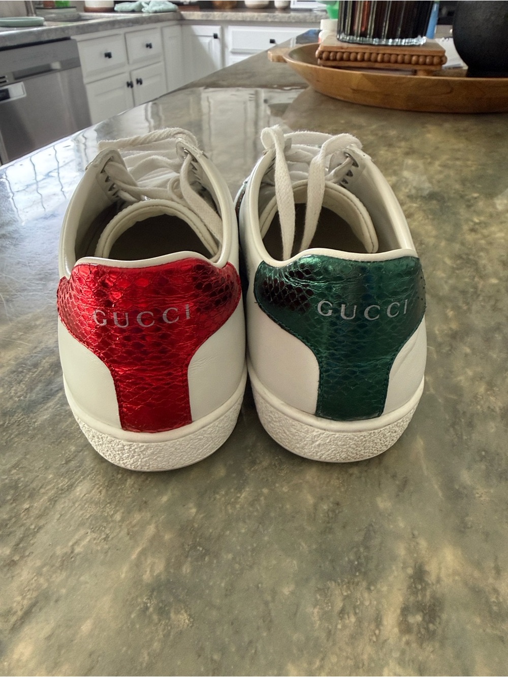 Gucci White Leather Sneakers with Green and Red Web and Gold Bee - Picture 4 of 7
